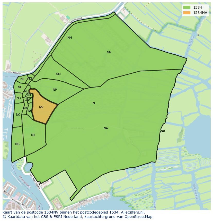 Afbeelding van het postcodegebied 1534 NV op de kaart.