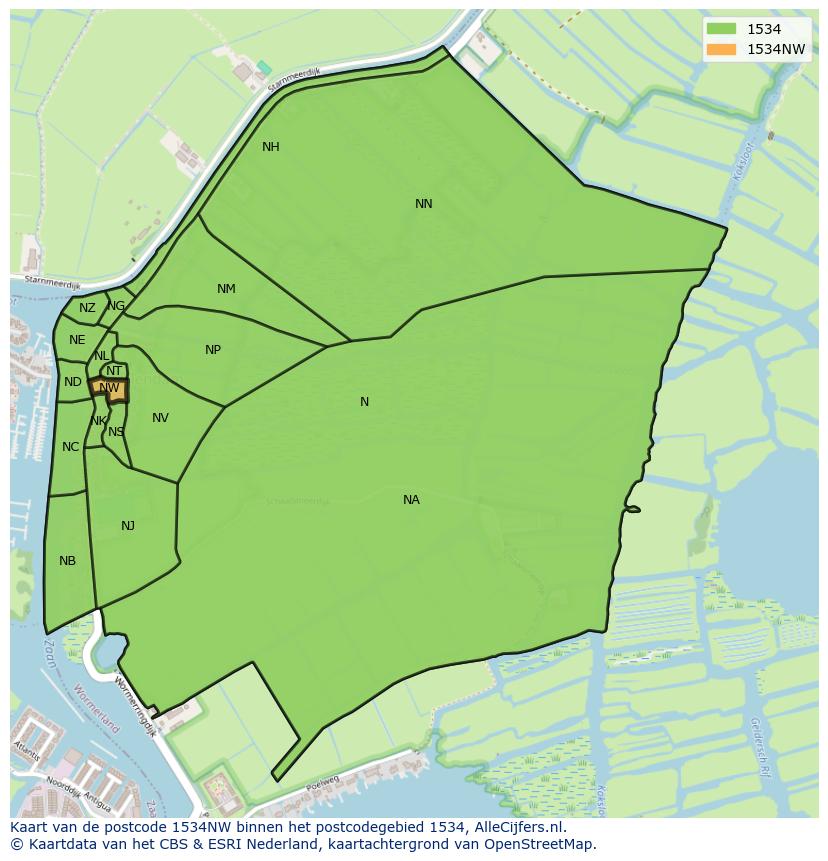 Afbeelding van het postcodegebied 1534 NW op de kaart.
