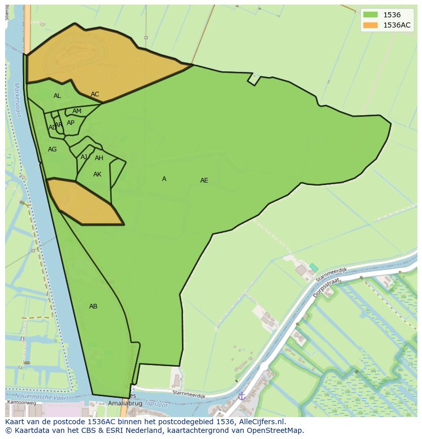 Afbeelding van het postcodegebied 1536 AC op de kaart.