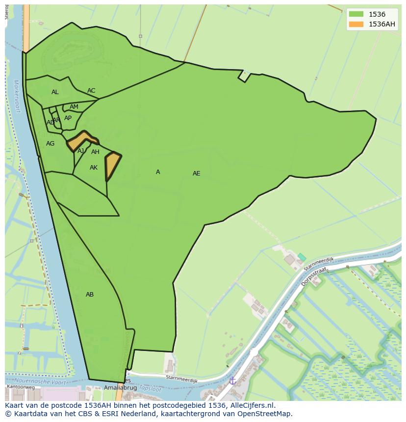 Afbeelding van het postcodegebied 1536 AH op de kaart.