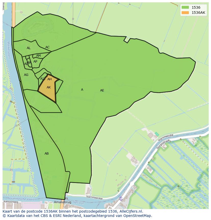 Afbeelding van het postcodegebied 1536 AK op de kaart.