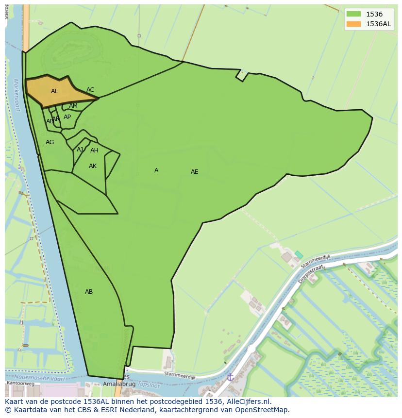 Afbeelding van het postcodegebied 1536 AL op de kaart.