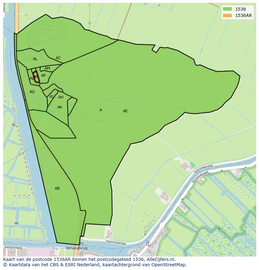 Afbeelding van het postcodegebied 1536 AR op de kaart.