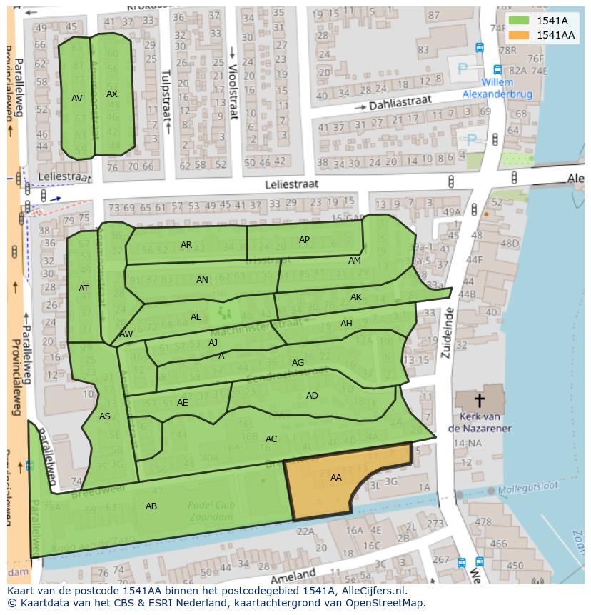 Afbeelding van het postcodegebied 1541 AA op de kaart.