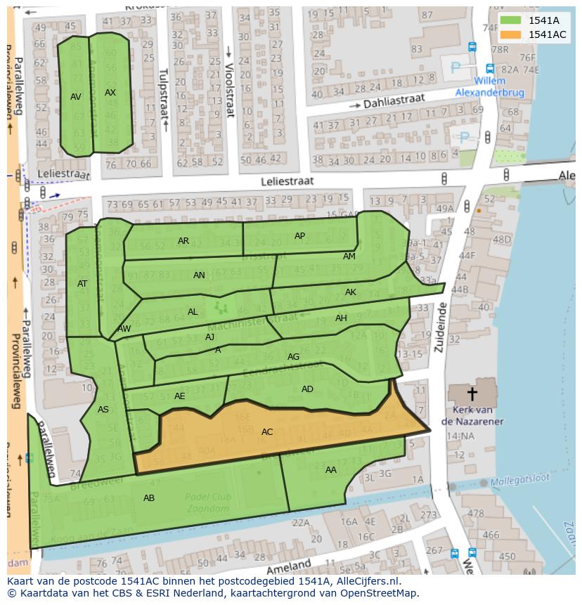Afbeelding van het postcodegebied 1541 AC op de kaart.