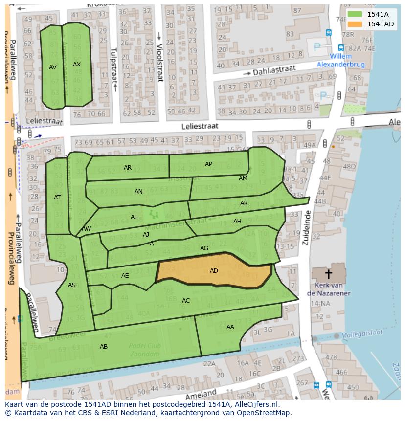 Afbeelding van het postcodegebied 1541 AD op de kaart.