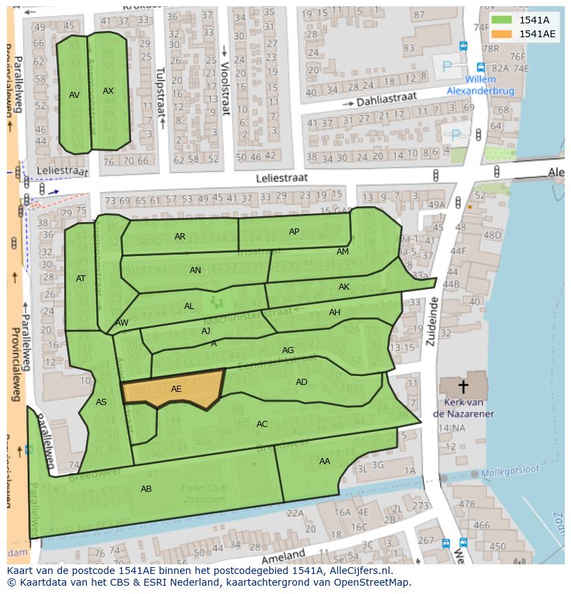 Afbeelding van het postcodegebied 1541 AE op de kaart.