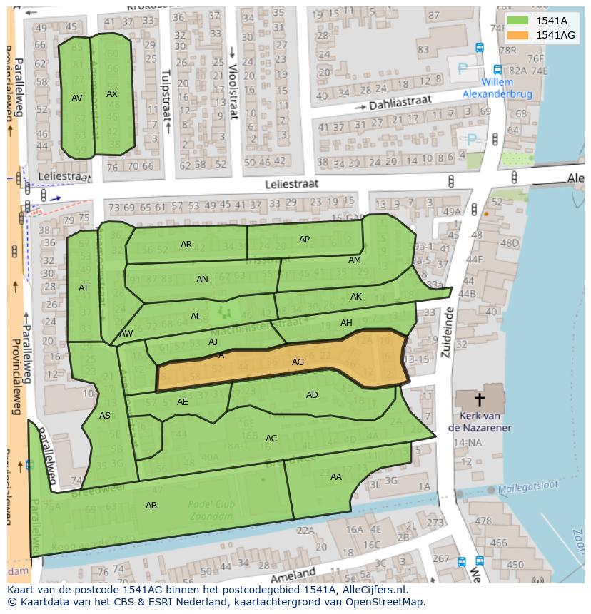 Afbeelding van het postcodegebied 1541 AG op de kaart.