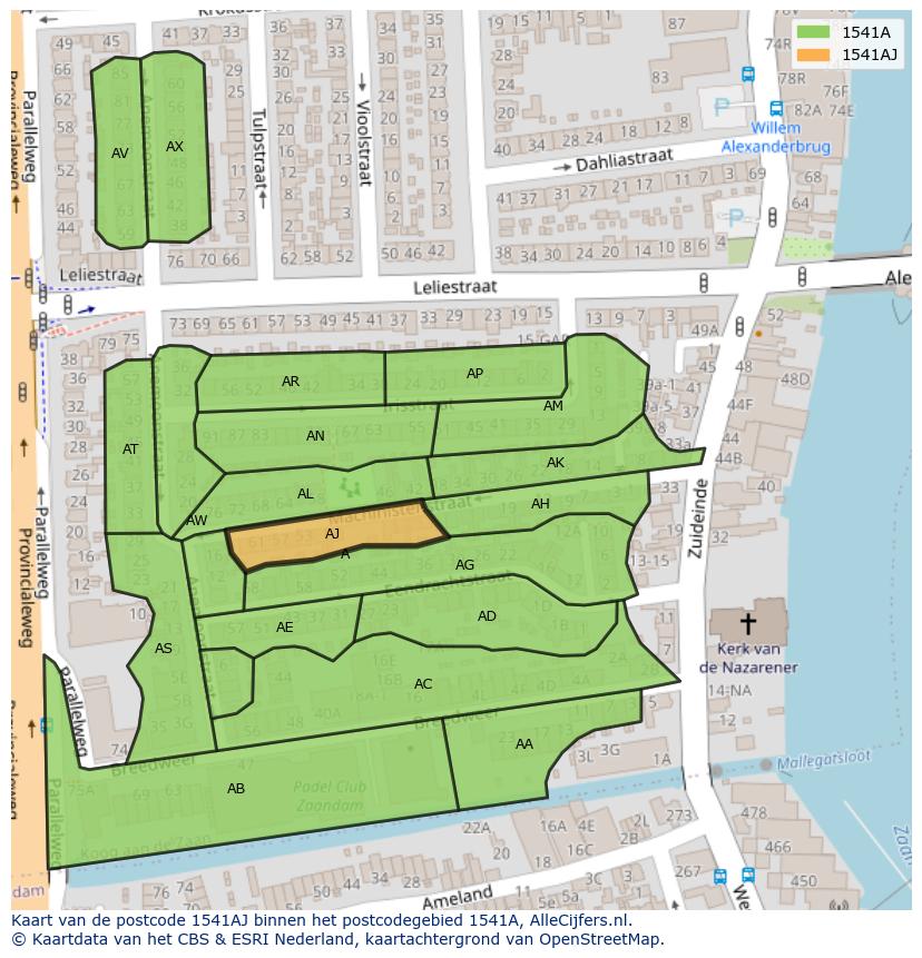 Afbeelding van het postcodegebied 1541 AJ op de kaart.