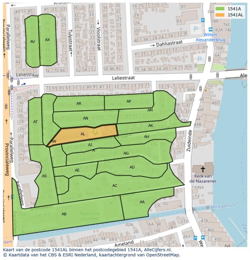 Afbeelding van het postcodegebied 1541 AL op de kaart.