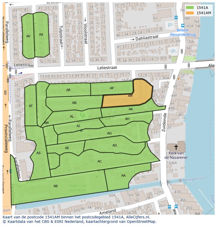Afbeelding van het postcodegebied 1541 AM op de kaart.