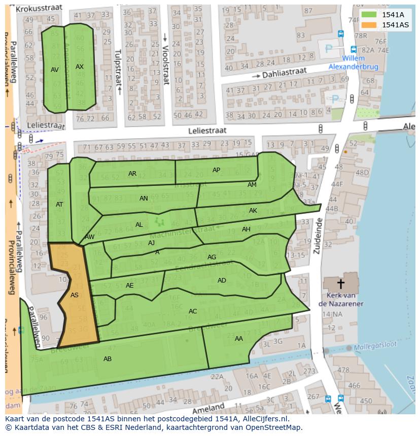 Afbeelding van het postcodegebied 1541 AS op de kaart.