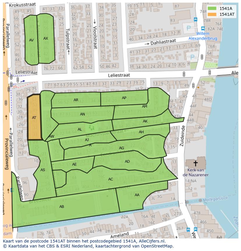 Afbeelding van het postcodegebied 1541 AT op de kaart.