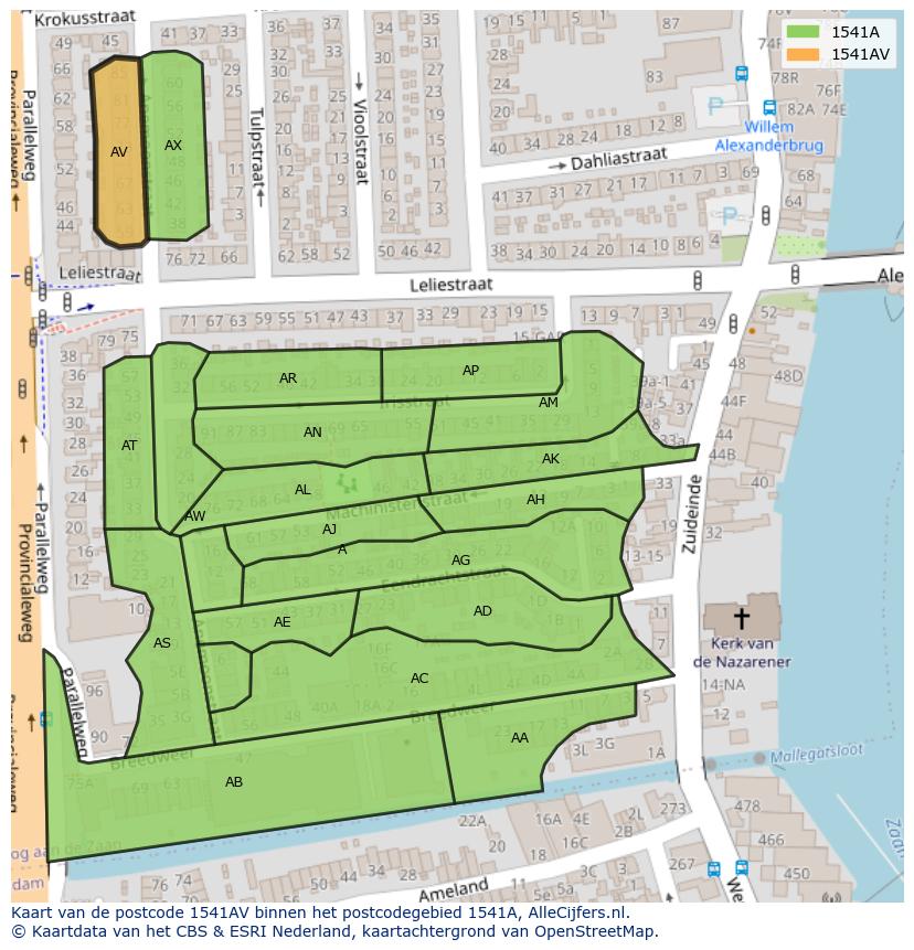 Afbeelding van het postcodegebied 1541 AV op de kaart.