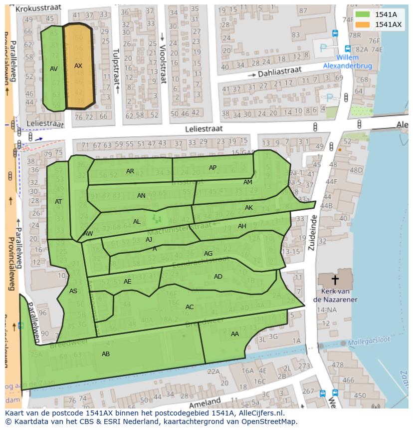Afbeelding van het postcodegebied 1541 AX op de kaart.