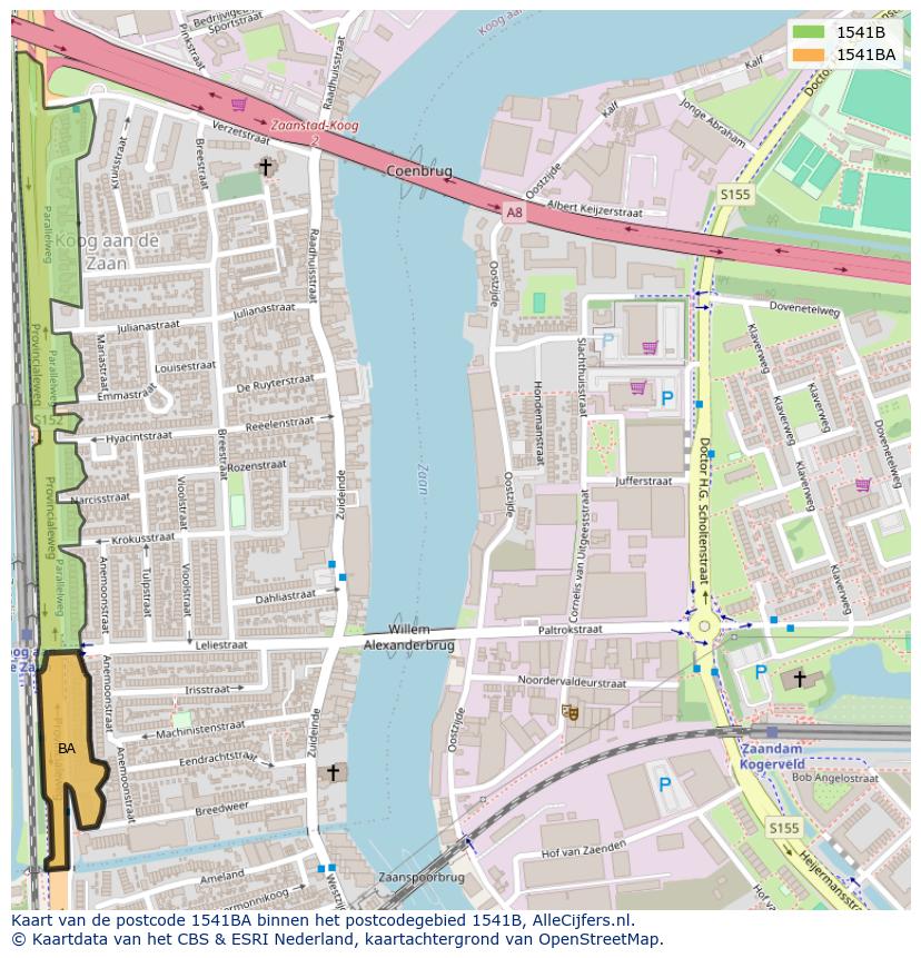 Afbeelding van het postcodegebied 1541 BA op de kaart.