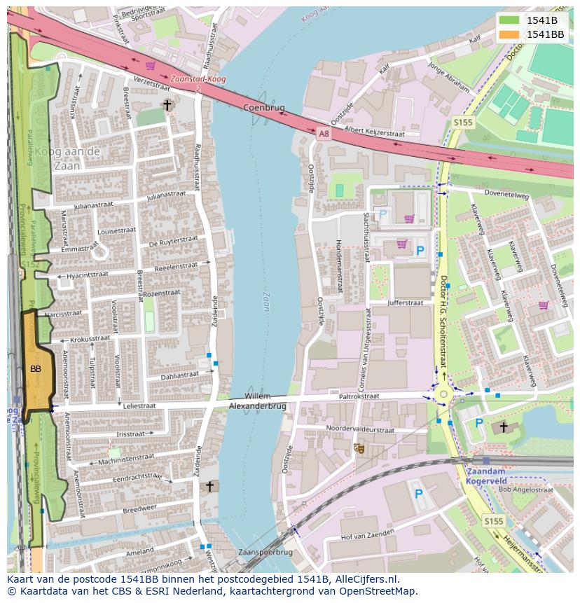 Afbeelding van het postcodegebied 1541 BB op de kaart.