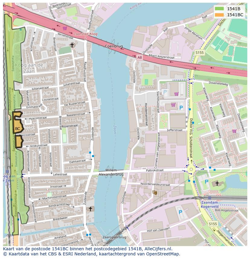 Afbeelding van het postcodegebied 1541 BC op de kaart.