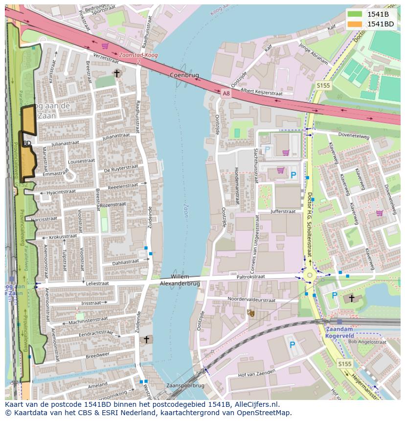 Afbeelding van het postcodegebied 1541 BD op de kaart.
