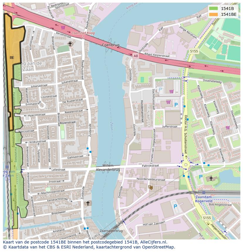 Afbeelding van het postcodegebied 1541 BE op de kaart.