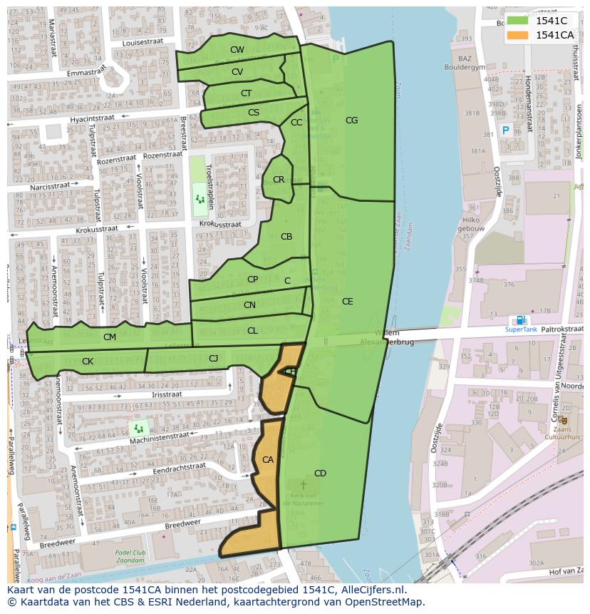 Afbeelding van het postcodegebied 1541 CA op de kaart.