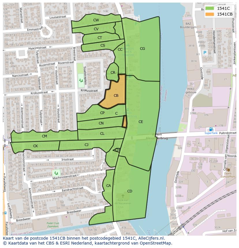 Afbeelding van het postcodegebied 1541 CB op de kaart.