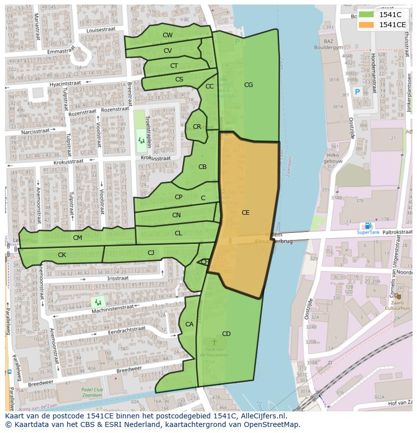 Afbeelding van het postcodegebied 1541 CE op de kaart.