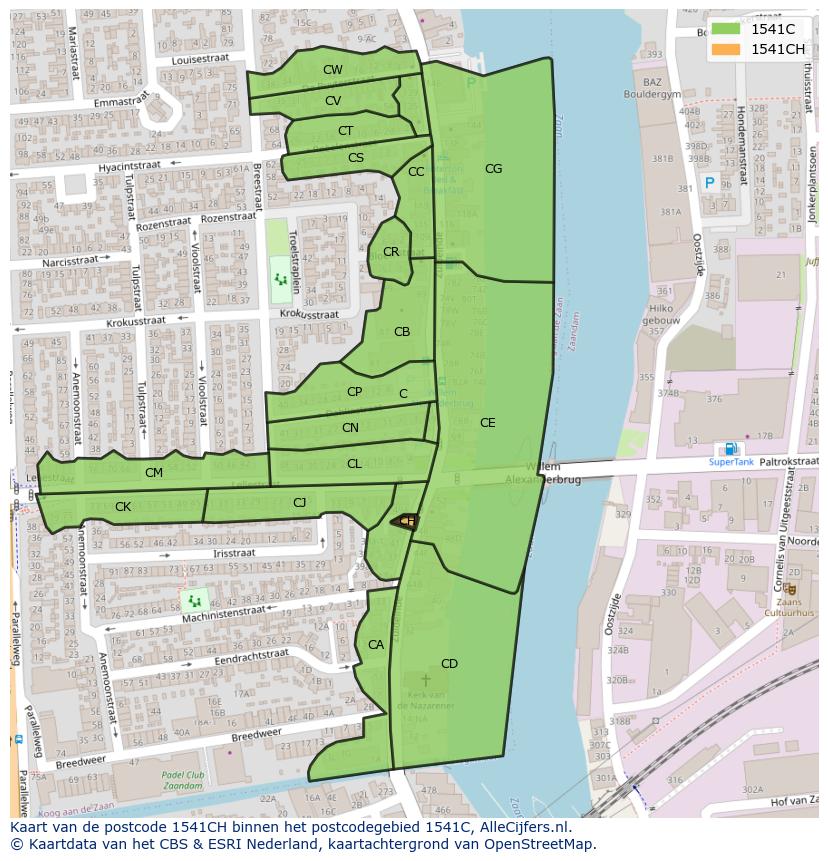Afbeelding van het postcodegebied 1541 CH op de kaart.