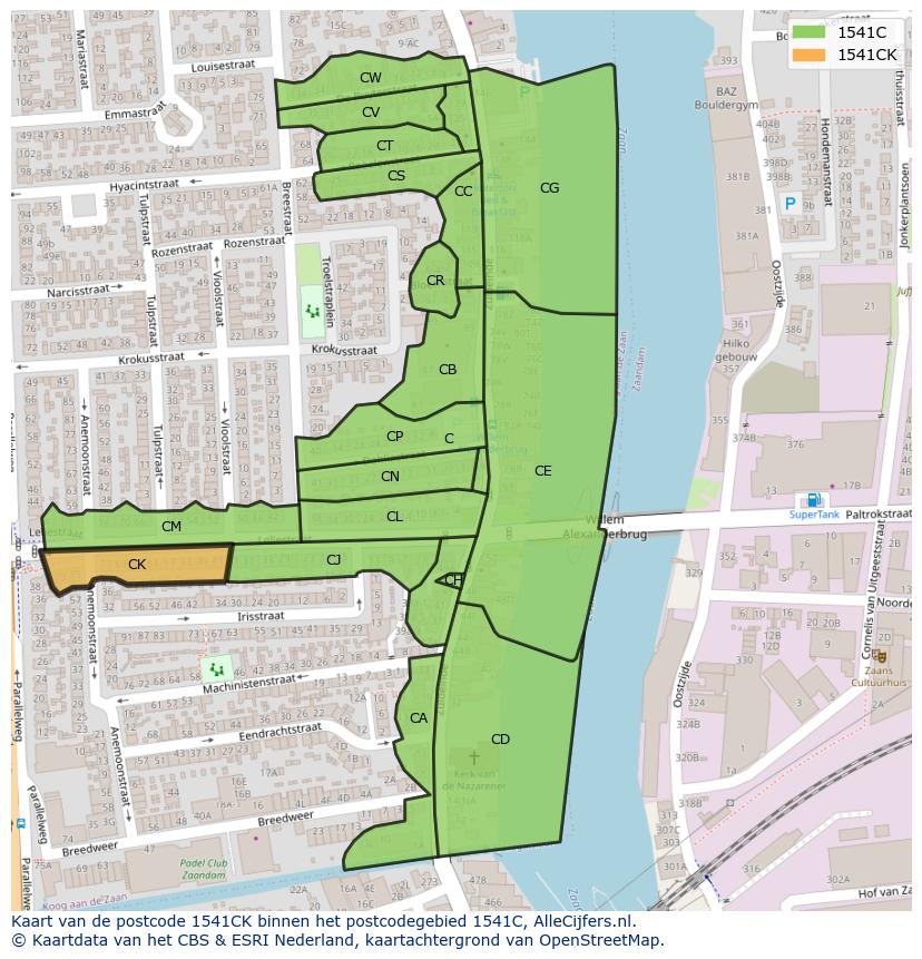 Afbeelding van het postcodegebied 1541 CK op de kaart.