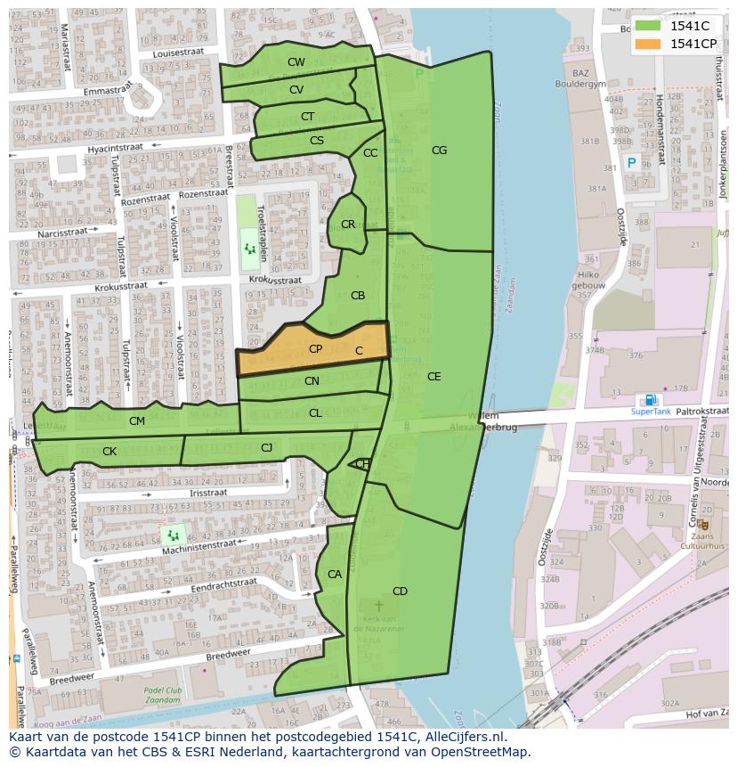 Afbeelding van het postcodegebied 1541 CP op de kaart.
