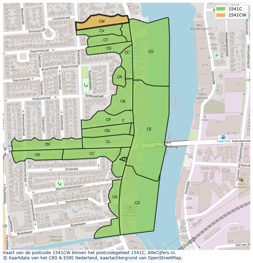 Afbeelding van het postcodegebied 1541 CW op de kaart.