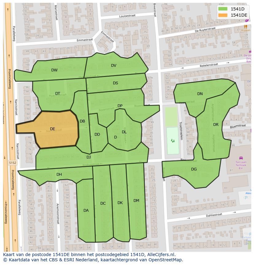 Afbeelding van het postcodegebied 1541 DE op de kaart.