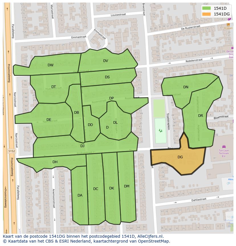 Afbeelding van het postcodegebied 1541 DG op de kaart.