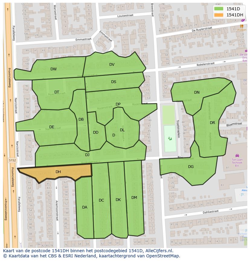 Afbeelding van het postcodegebied 1541 DH op de kaart.