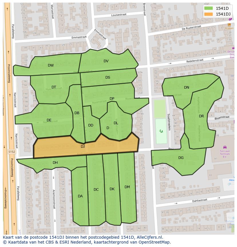 Afbeelding van het postcodegebied 1541 DJ op de kaart.