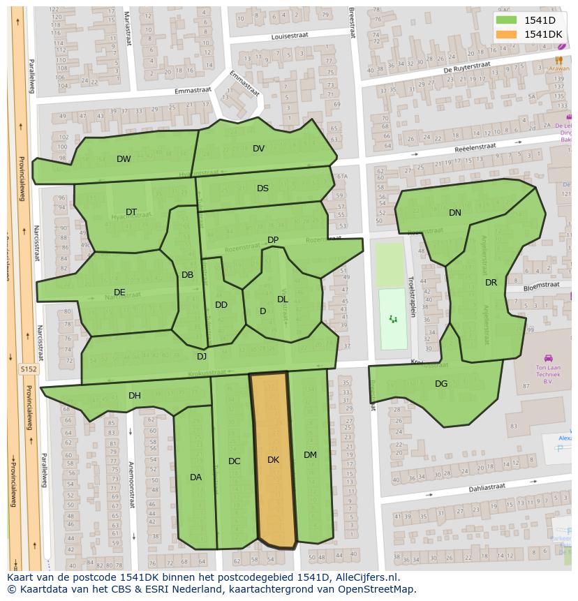 Afbeelding van het postcodegebied 1541 DK op de kaart.