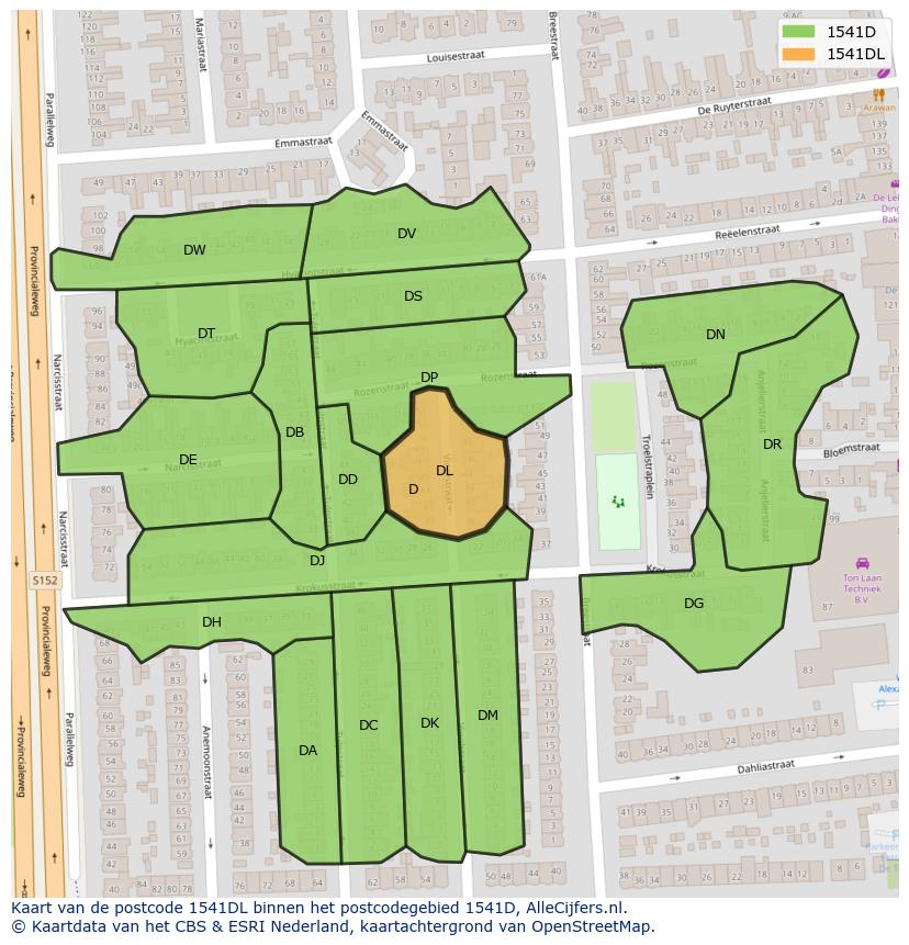 Afbeelding van het postcodegebied 1541 DL op de kaart.