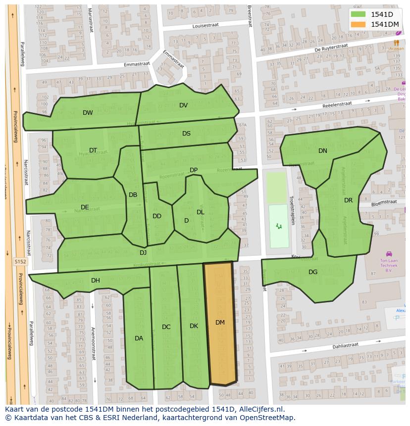 Afbeelding van het postcodegebied 1541 DM op de kaart.