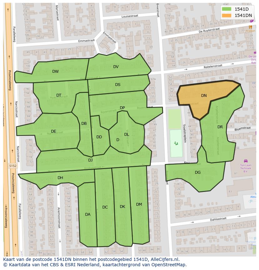 Afbeelding van het postcodegebied 1541 DN op de kaart.