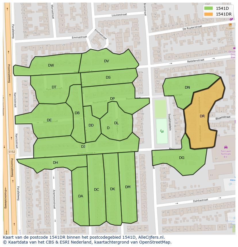 Afbeelding van het postcodegebied 1541 DR op de kaart.