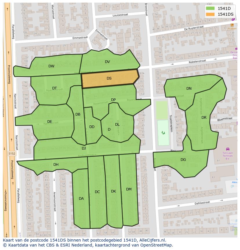 Afbeelding van het postcodegebied 1541 DS op de kaart.