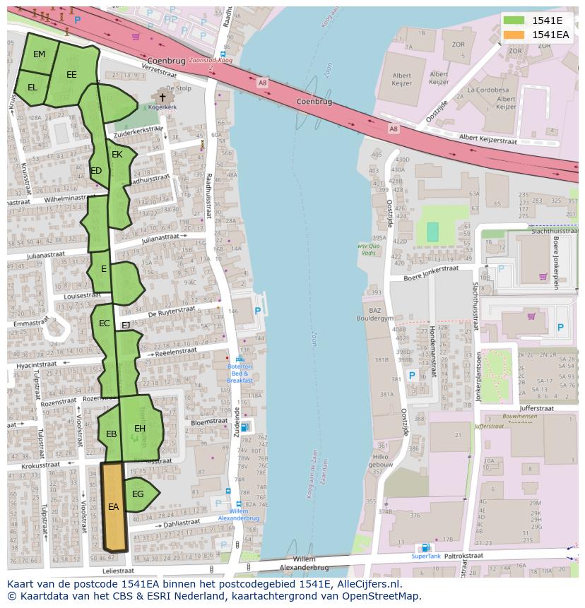 Afbeelding van het postcodegebied 1541 EA op de kaart.