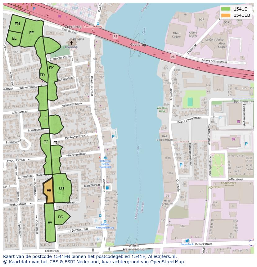 Afbeelding van het postcodegebied 1541 EB op de kaart.