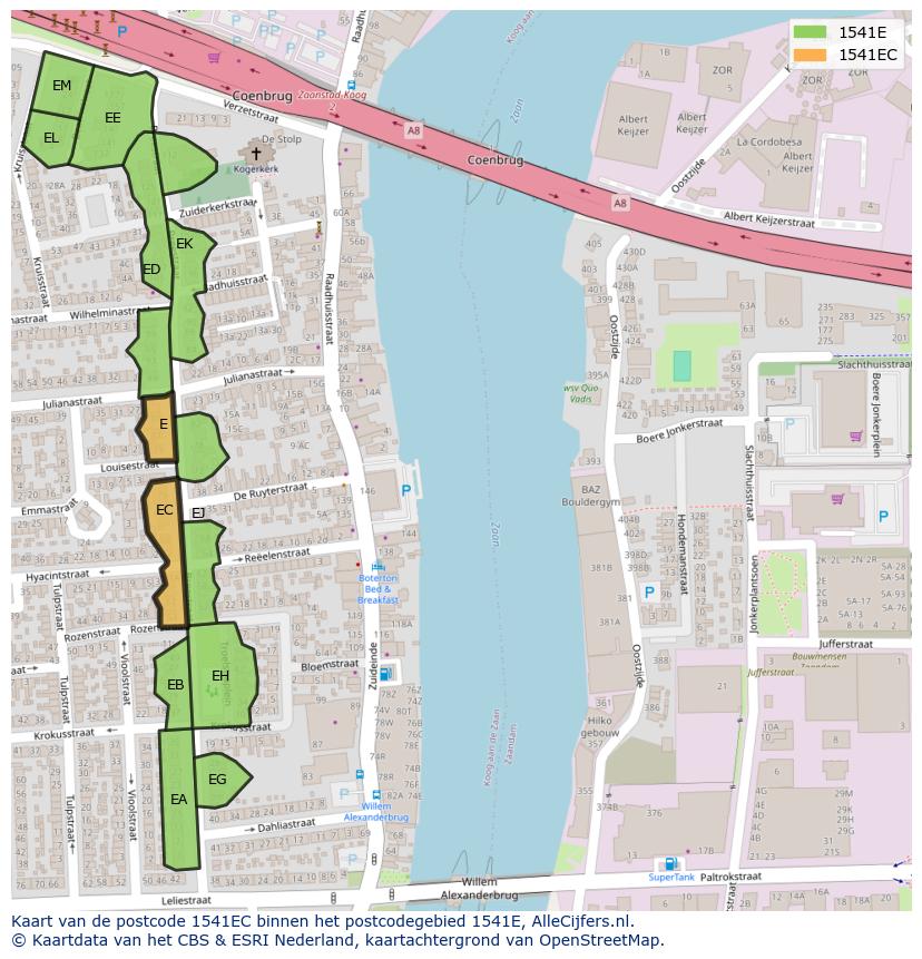 Afbeelding van het postcodegebied 1541 EC op de kaart.
