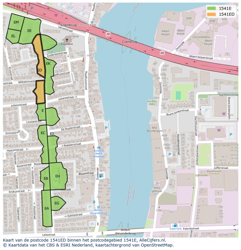 Afbeelding van het postcodegebied 1541 ED op de kaart.
