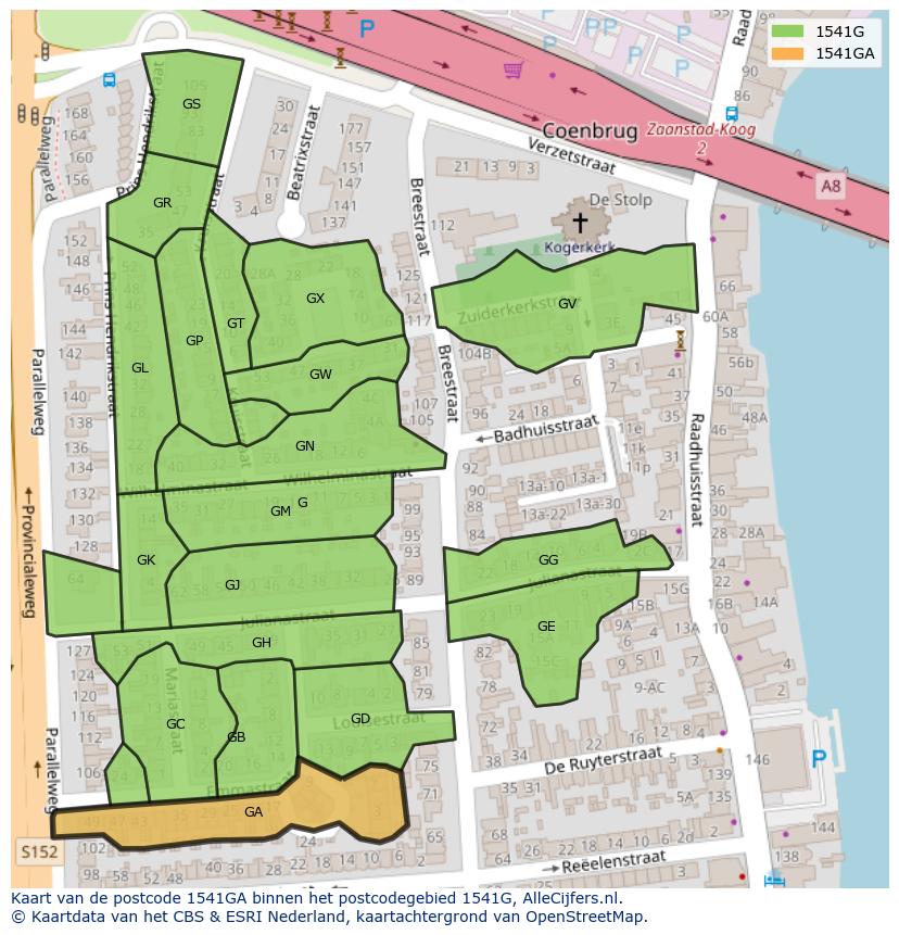 Afbeelding van het postcodegebied 1541 GA op de kaart.