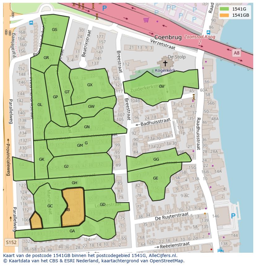 Afbeelding van het postcodegebied 1541 GB op de kaart.
