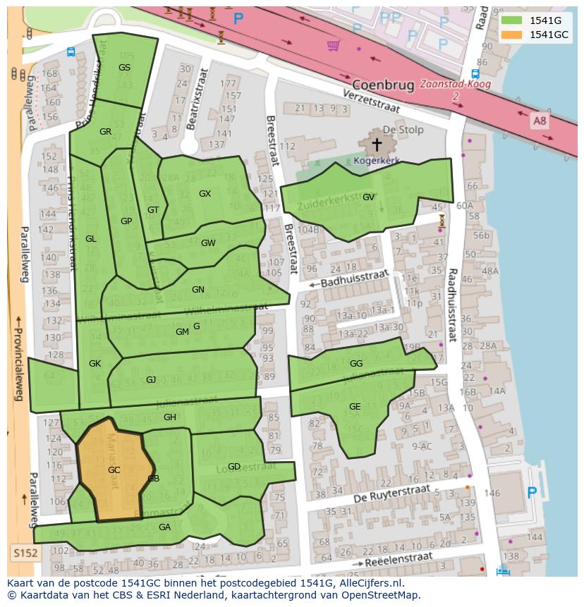 Afbeelding van het postcodegebied 1541 GC op de kaart.