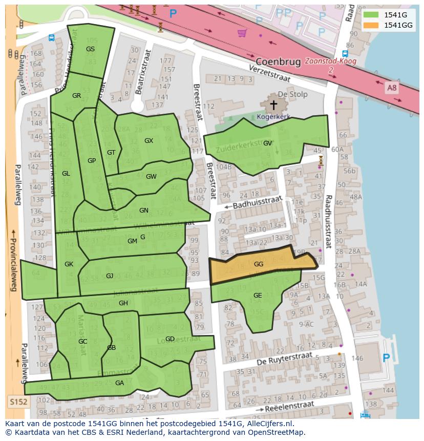 Afbeelding van het postcodegebied 1541 GG op de kaart.
