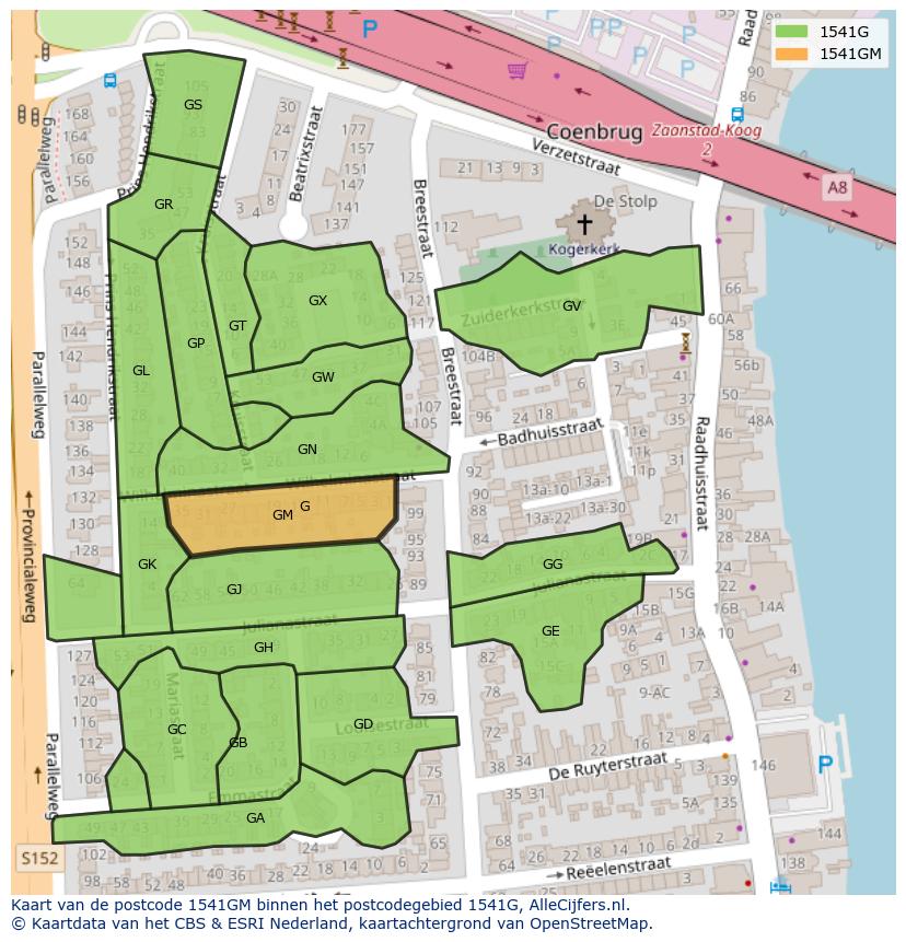 Afbeelding van het postcodegebied 1541 GM op de kaart.